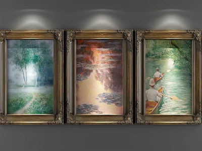Decorative Triptych Oil Paintings with Golden Frames Wooded Path Water Lily and Rowing Boat Scenes 3d model