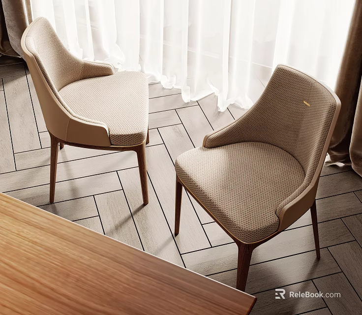 Comfortable Beige Upholstered Accent Chairs With Wooden Legs In Cozy Indoor Space 3d model 