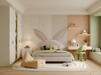 Modern Kids Room Interior With Rabbit Ear Headboard Beige Bed Green Chair And Soft Tones 3d model