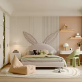 Modern Kids Room Interior With Rabbit Ear Headboard Beige Bed Green Chair And Soft Tones
