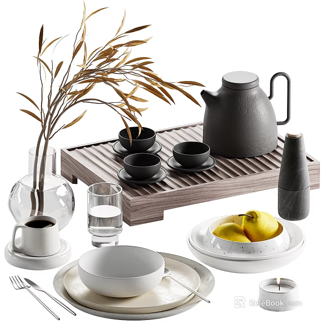 Modern Black Tea Set with Wooden Tray Cups and Saucers 3d model 