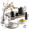 Modern Black Tea Set with Wooden Tray Cups and Saucers