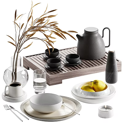 Modern Black Tea Set with Wooden Tray Cups and Saucers 3d model