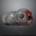 Giant Gray Segmented Creature With Big Round Eye Open Mouth And Sharp White Teeth