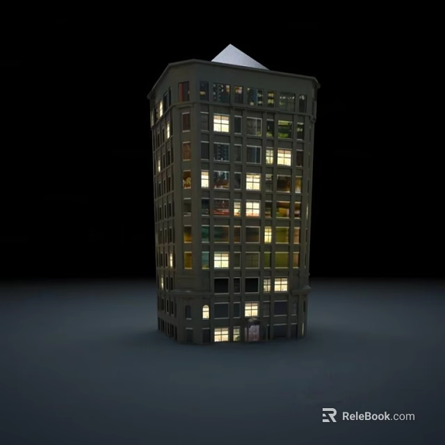 Tall Residential Building With Multiple Floors And Lit Windows At Night 3d model 