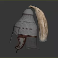 Ancient Shiny Metal Helmet With Plume Decoration Face Guard And Leather Trim