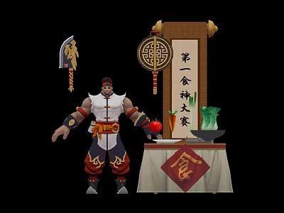 Strong Male Chef Character In First Food God Competition With Fresh Vegetables And Apple 3d model
