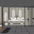 Modern Bathroom Interior With Double Oval Mirrors Marble Countertop And Glass Shower Enclosure