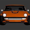 Vintage Orange Sports Car with Black Stripes and Black Wheels on Dark Background with Reflection