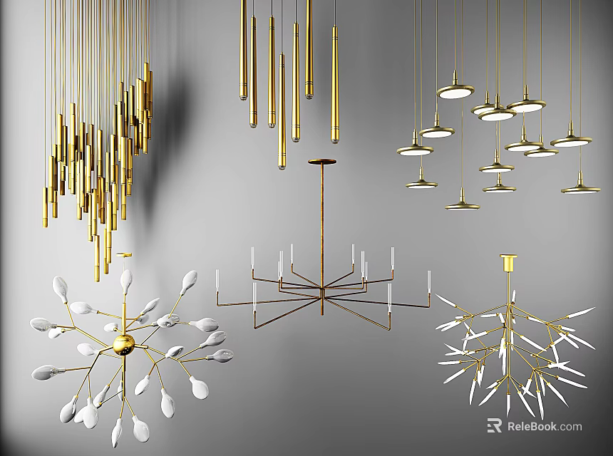 Contemporary Gold Chandeliers Showcasing Linear Branch And Multi Light Designs 3d model