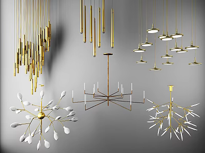 Contemporary Gold Chandeliers Showcasing Linear Branch And Multi Light Designs 3d model