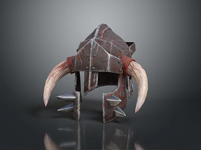 Warrior Fantasy Helmet With Large Curved Horns Metal Body Leather Accents And Spiked Edges 3d model