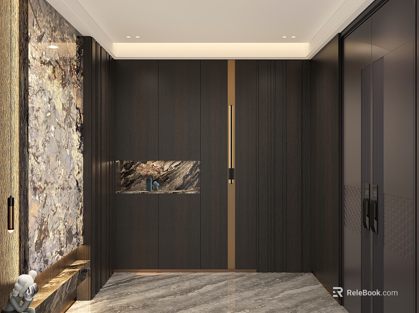 Elegant Modern Foyer Hallway Interior With Wooden Cabinets Marble Wall And Decorative Lighting 3d model 