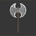 Double Headed Axe Weapon with Silver Blades Intricate Patterns and Wooden Handle