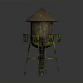 Vintage Rusted Water Tower With Conical Roof Moss Covered Surface And Metal Ladder