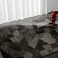 Geometric Pattern Square Rug In Room With Red Robot And White Curtains Under Natural Light