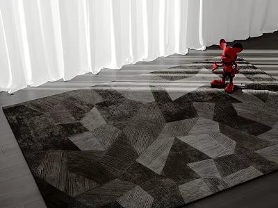 Geometric Pattern Square Rug In Room With Red Robot And White Curtains Under Natural Light 3d model