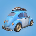 Blue And White Volkswagen Beetle With Roof Rack Luggage And Surfboard