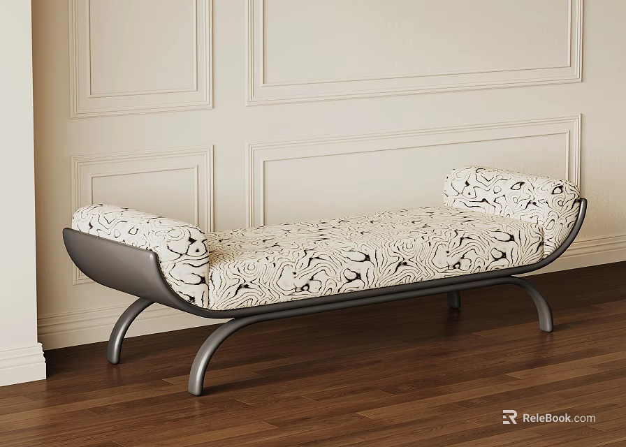 Modern Upholstered Shoe Bench With Floral Pattern Cushion And Metal Legs On Wooden Floor 3d model 