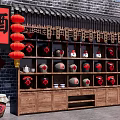 Traditional Wine Display Cabinet With Red Lanterns And Brick Wall Background