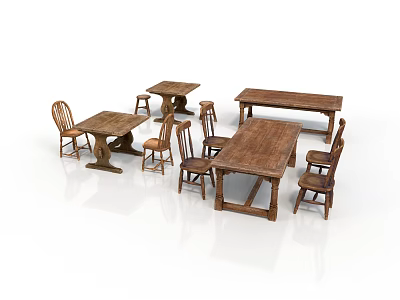 Rustic Solid Wood Dining Tables And Matching Chairs With Natural Wood Finish 3d model