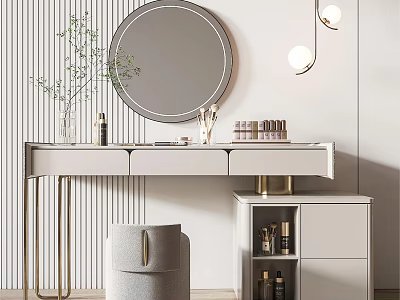 Modern Elegant Dressing Table Interior With Round Mirror Striped Wall And Cosmetics Stool 3d model