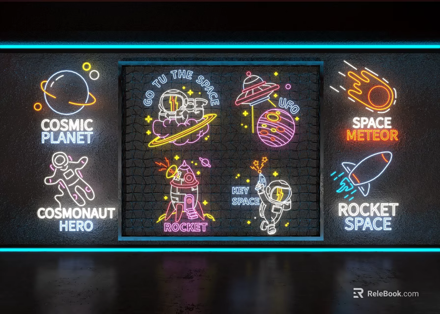 Space Themed Neon Decorative Lights with Astronaut Planets and Rocket 3d model 