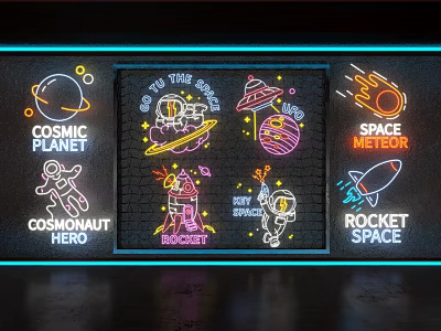 Space Themed Neon Decorative Lights with Astronaut Planets and Rocket 3d model
