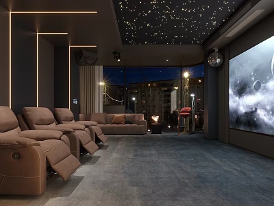 Luxurious Home Theater Room with Brown Leather Recliners Starry Ceiling and Large Projection Screen 3d model