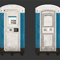 Two Blue And White Portable Toilets With TOB TOB Sign And Free Label