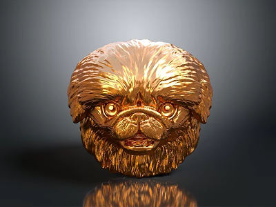 Golden Shiny Pekingese Dog Head Sculpture With Detailed Fur And Expressive Eyes 3d model