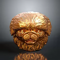 Golden Shiny Pekingese Dog Head Sculpture With Detailed Fur And Expressive Eyes