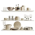 Elegant Beige White Silver Tableware Set With Plates Bowls Mugs Wine Glasses On White Shelves