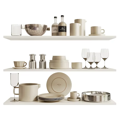 Elegant Beige White Silver Tableware Set With Plates Bowls Mugs Wine Glasses On White Shelves 3d model
