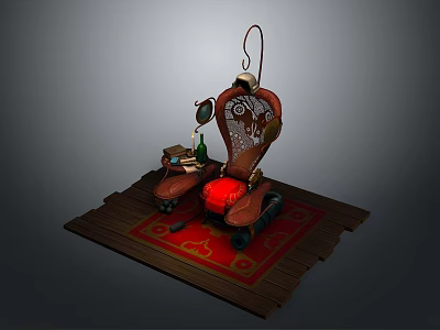 Vintage Barber Chair Setup With Red Rug Mirror And Tool Table 3d model