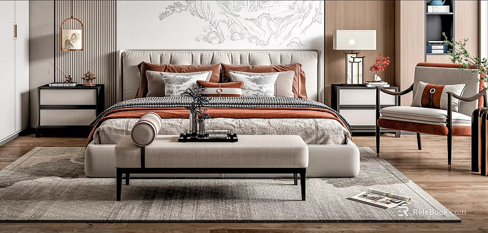 Double Bed with Pillows Bench Nightstand Lamp and Decorative Artwork on Rug 3d model 