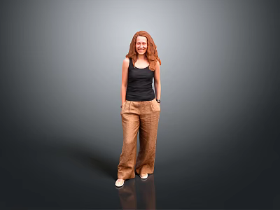 Red Haired Woman Wearing Black Tank Top Brown Pants Standing On Reflective Floor Gray Background 3d model