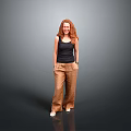 Red Haired Woman Wearing Black Tank Top Brown Pants Standing On Reflective Floor Gray Background