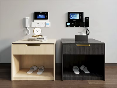 Modern Light And Dark Bedside Tables With Clock Tissue Box Electronic Controls And Under Slippers 3d model