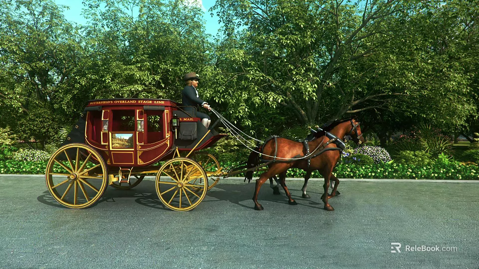 Ornate Red Horse-Drawn Carriage With Two Brown Horses Driven By Coachman On Green Trees Road 3d model 