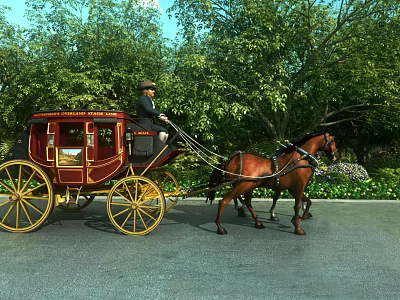 Ornate Red Horse-Drawn Carriage With Two Brown Horses Driven By Coachman On Green Trees Road 3d model
