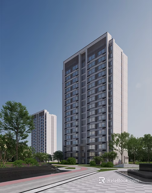 Tall Modern Residential Buildings Exterior View With Trees Around And Blue Sky 3d model 