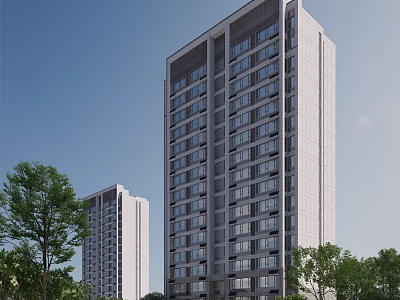Tall Modern Residential Buildings Exterior View With Trees Around And Blue Sky 3d model