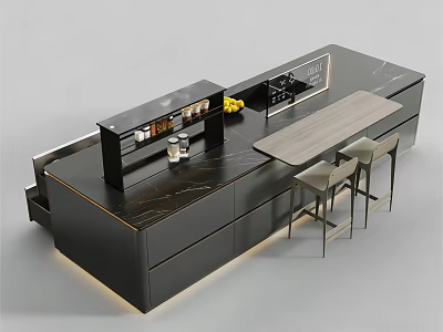Modern Black Kitchen Island With Marble Countertop Gold Accents Open Shelf And Stools 3d model
