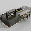 Modern Black Kitchen Island With Marble Countertop Gold Accents Open Shelf And Stools