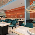 Modern Hotpot Restaurant Interior With Green Orange Decor Booth Seats And Pendant Lights