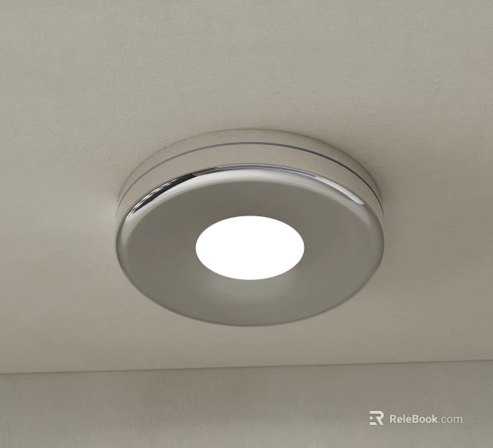 Round Chrome Ceiling Light With Metal Frame And White Illumination Installed On Ceiling 3d model