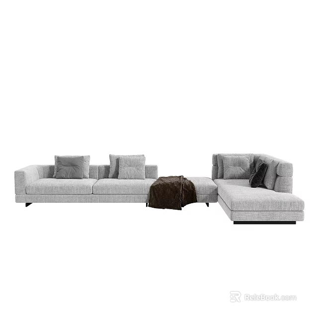 Modern Light Gray Fabric Sectional Sofa With Multiple Cushions Ottoman And Throw Blanket 3d model