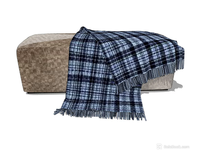 Cozy Brown Upholstered Sofa Bench With Blue White Plaid Fringe Blanket 3d model 