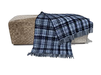 Cozy Brown Upholstered Sofa Bench With Blue White Plaid Fringe Blanket 3d model